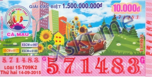 Mẫu vé sô xổ số Cà Mau ngày 14/9/2015