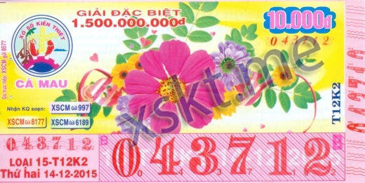 Mẫu vé sô xổ số Cà Mau ngày 14/12/2015