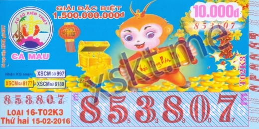 Mẫu vé sô xổ số Cà Mau ngày 15/2/2016