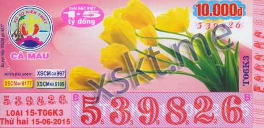 Mẫu vé sô xổ số Cà Mau ngày 15/6/2015