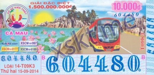 Mẫu vé sô xổ số Cà Mau ngày 15/9/2014