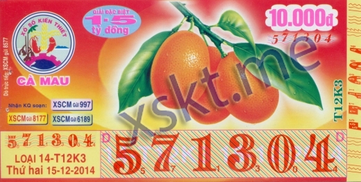 Mẫu vé sô xổ số Cà Mau ngày 15/12/2014