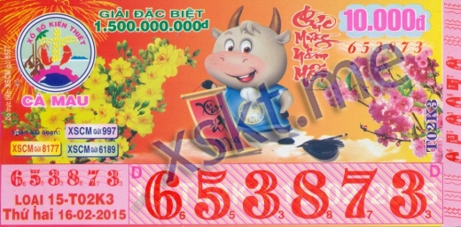 Mẫu vé sô xổ số Cà Mau ngày 16/2/2015