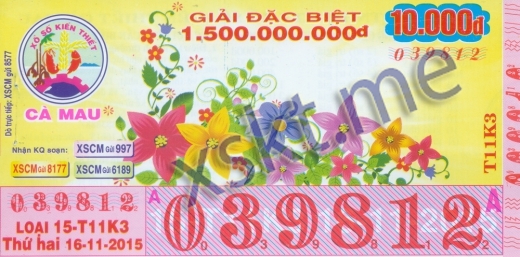 Mẫu vé sô xổ số Cà Mau ngày 16/11/2015