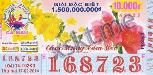 Mẫu vé sô xổ số Cà Mau ngày 17/2/2014