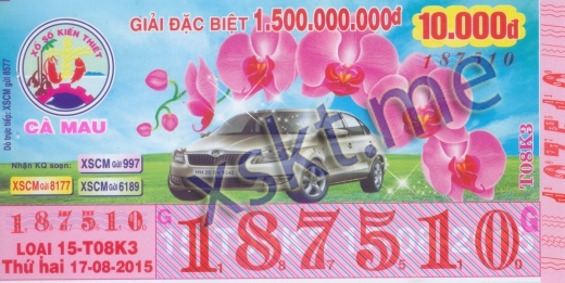 Mẫu vé sô xổ số Cà Mau ngày 17/8/2015
