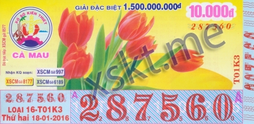 Mẫu vé sô xổ số Cà Mau ngày 18/1/2016