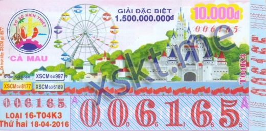 Mẫu vé sô xổ số Cà Mau ngày 18/4/2016