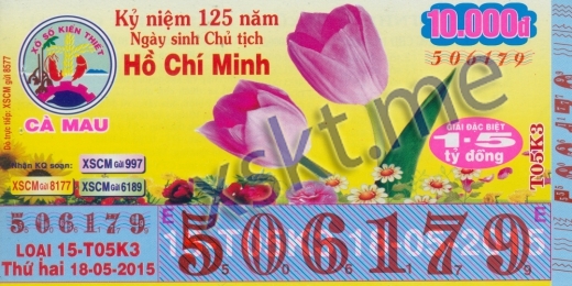 Mẫu vé sô xổ số Cà Mau ngày 18/5/2015