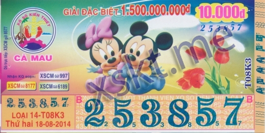 Mẫu vé sô xổ số Cà Mau ngày 18/8/2014