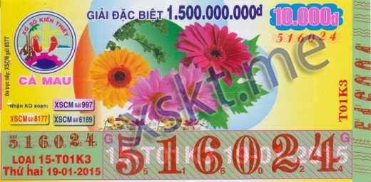 Mẫu vé sô xổ số Cà Mau ngày 19/1/2015