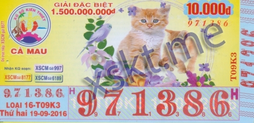 Mẫu vé sô xổ số Cà Mau ngày 19/9/2016