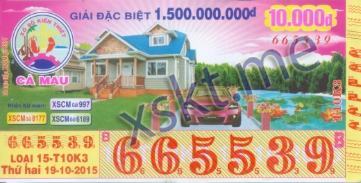 Mẫu vé sô xổ số Cà Mau ngày 19/10/2015
