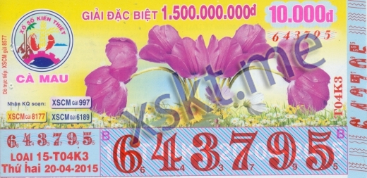 Mẫu vé sô xổ số Cà Mau ngày 20/4/2015