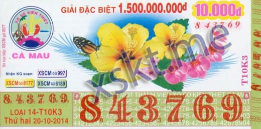 Mẫu vé sô xổ số Cà Mau ngày 20/10/2014