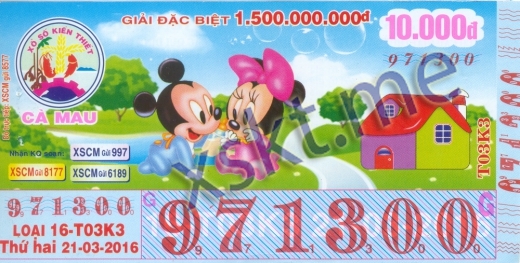 Mẫu vé sô xổ số Cà Mau ngày 21/3/2016