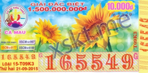Mẫu vé sô xổ số Cà Mau ngày 21/9/2015