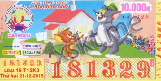 Mẫu vé sô xổ số Cà Mau ngày 21/12/2015