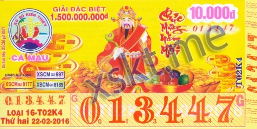 Mẫu vé sô xổ số Cà Mau ngày 22/2/2016