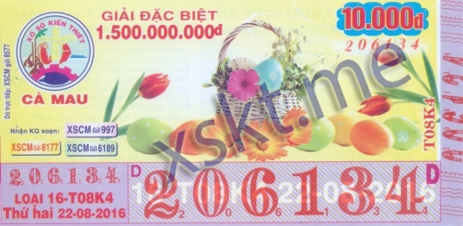 Mẫu vé sô xổ số Cà Mau ngày 22/8/2016