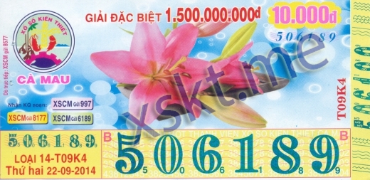 Mẫu vé sô xổ số Cà Mau ngày 22/9/2014