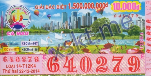 Mẫu vé sô xổ số Cà Mau ngày 22/12/2014