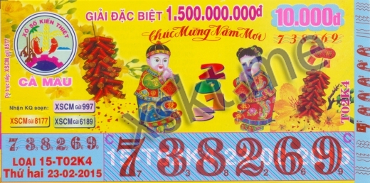 Mẫu vé sô xổ số Cà Mau ngày 23/2/2015