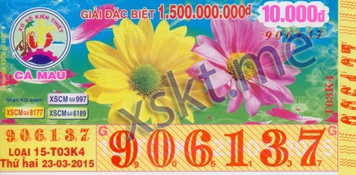 Mẫu vé sô xổ số Cà Mau ngày 23/3/2015