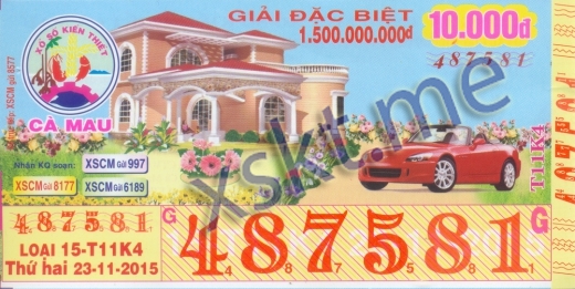 Mẫu vé sô xổ số Cà Mau ngày 23/11/2015