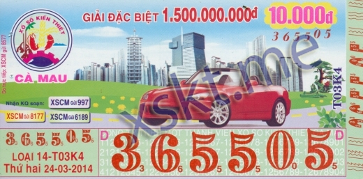 Mẫu vé sô xổ số Cà Mau ngày 24/3/2014