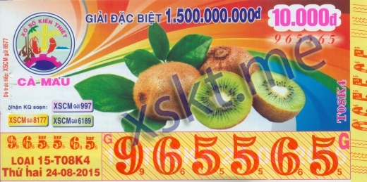Mẫu vé sô xổ số Cà Mau ngày 24/8/2015
