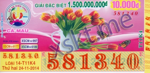 Mẫu vé sô xổ số Cà Mau ngày 24/11/2014