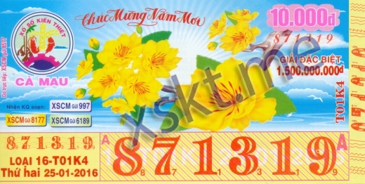 Mẫu vé sô xổ số Cà Mau ngày 25/1/2016