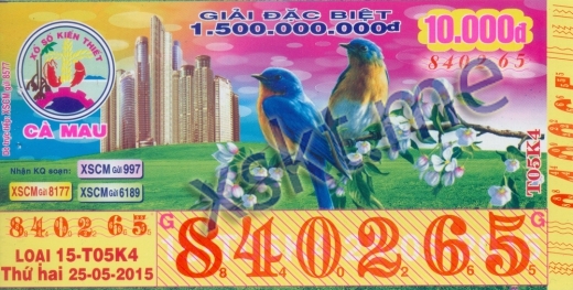 Mẫu vé sô xổ số Cà Mau ngày 25/5/2015