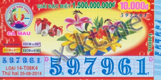 Mẫu vé sô xổ số Cà Mau ngày 25/8/2014