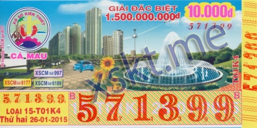 Mẫu vé sô xổ số Cà Mau ngày 26/1/2015