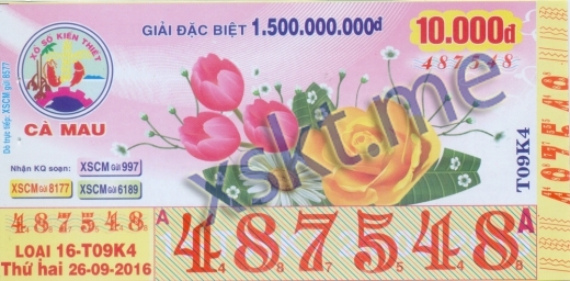 Mẫu vé sô xổ số Cà Mau ngày 26/9/2016