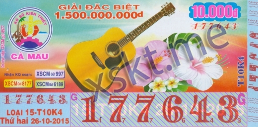 Mẫu vé sô xổ số Cà Mau ngày 26/10/2015