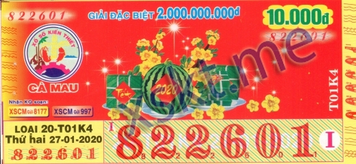 Mẫu vé sô xổ số Cà Mau ngày 27/1/2020