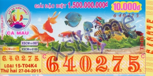 Mẫu vé sô xổ số Cà Mau ngày 27/4/2015