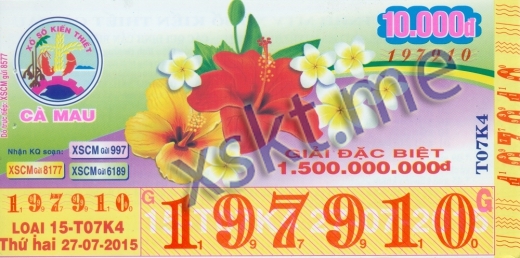 Mẫu vé sô xổ số Cà Mau ngày 27/7/2015