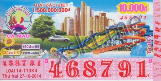 Mẫu vé sô xổ số Cà Mau ngày 27/10/2014