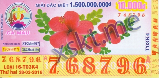 Mẫu vé sô xổ số Cà Mau ngày 28/3/2016