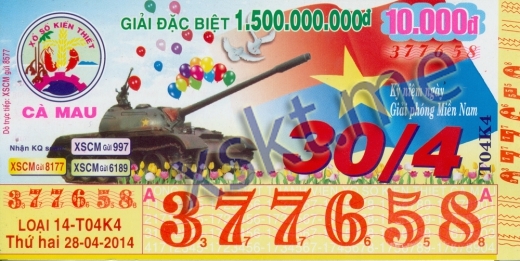 Mẫu vé sô xổ số Cà Mau ngày 28/4/2014
