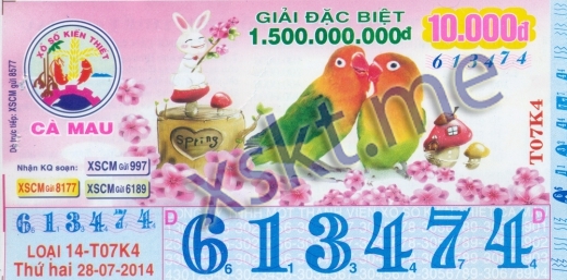 Mẫu vé sô xổ số Cà Mau ngày 28/7/2014