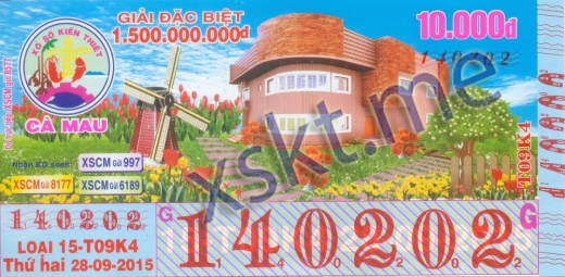 Mẫu vé sô xổ số Cà Mau ngày 28/9/2015
