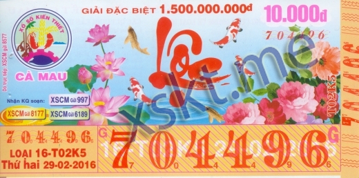Mẫu vé sô xổ số Cà Mau ngày 29/2/2016