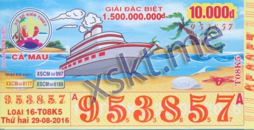 Mẫu vé sô xổ số Cà Mau ngày 29/8/2016