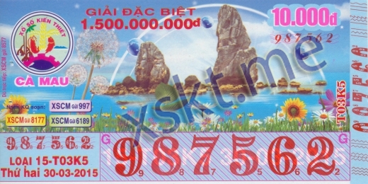 Mẫu vé sô xổ số Cà Mau ngày 30/3/2015