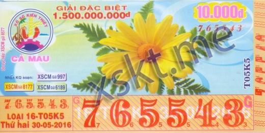 Mẫu vé sô xổ số Cà Mau ngày 30/5/2016